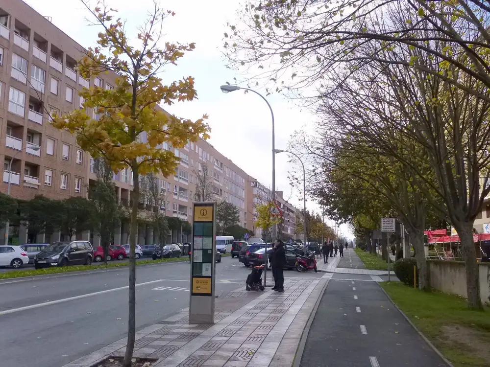 Avenida de Barañáin con carril bici, árboles y una larga fila de bloques de viviendas de ladrillo a la izquierda