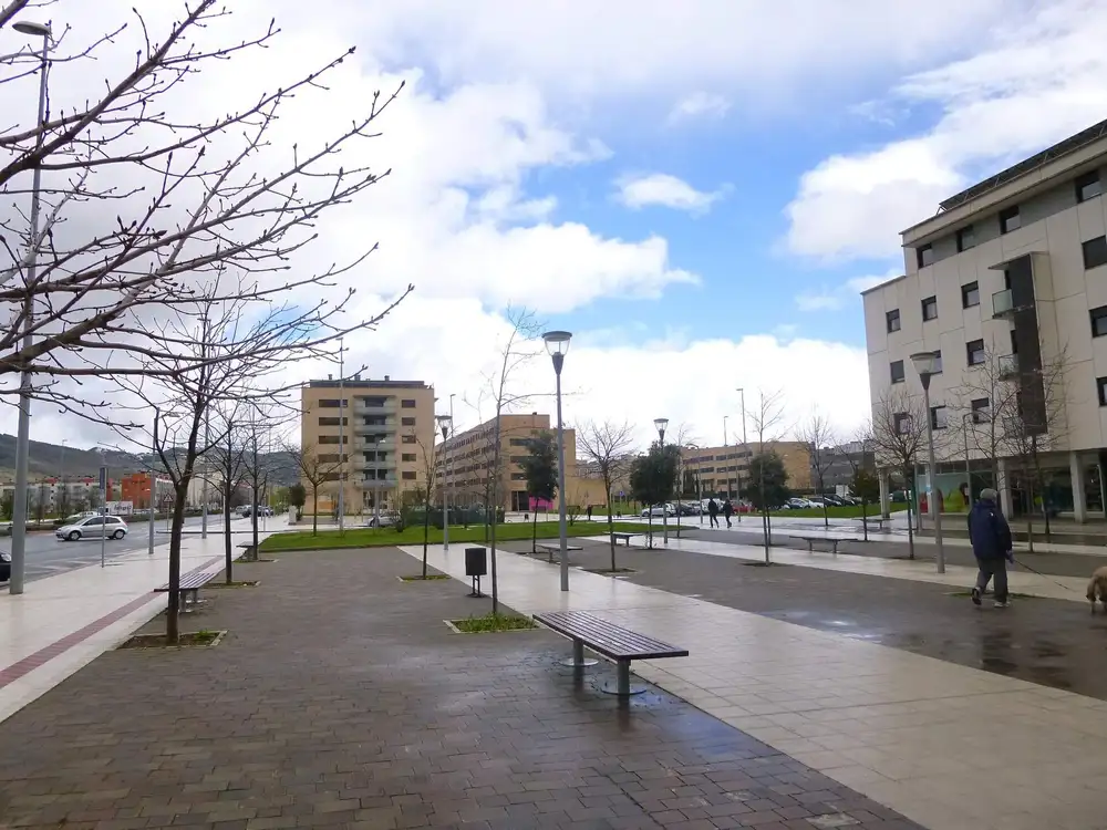 Paseo peatonal amplio con bancos y árboles sin hojas entre bloques de viviendas de Sarriguren, en un día nublado